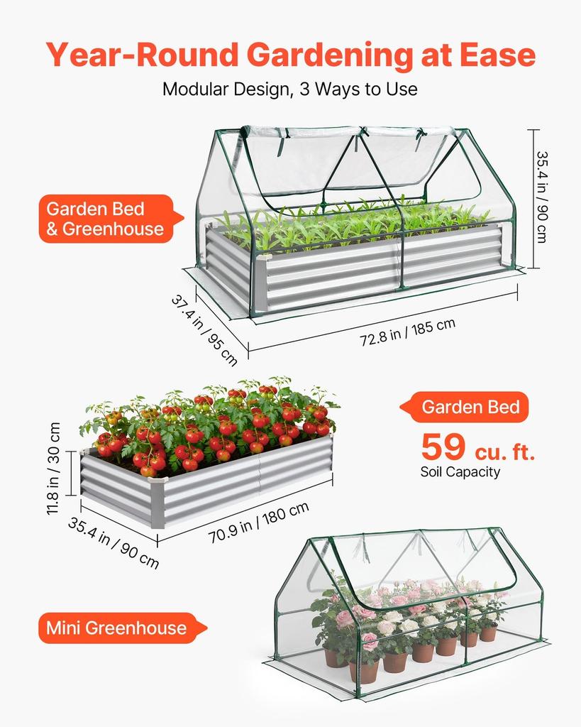 Raised Garden Bed with Cover, 1800 X 900 X 300 Mm, Rectangular Galvanized Metal Planter Box Outdoor, with PE Greenhouse Cover & Gloves, Rustproof
