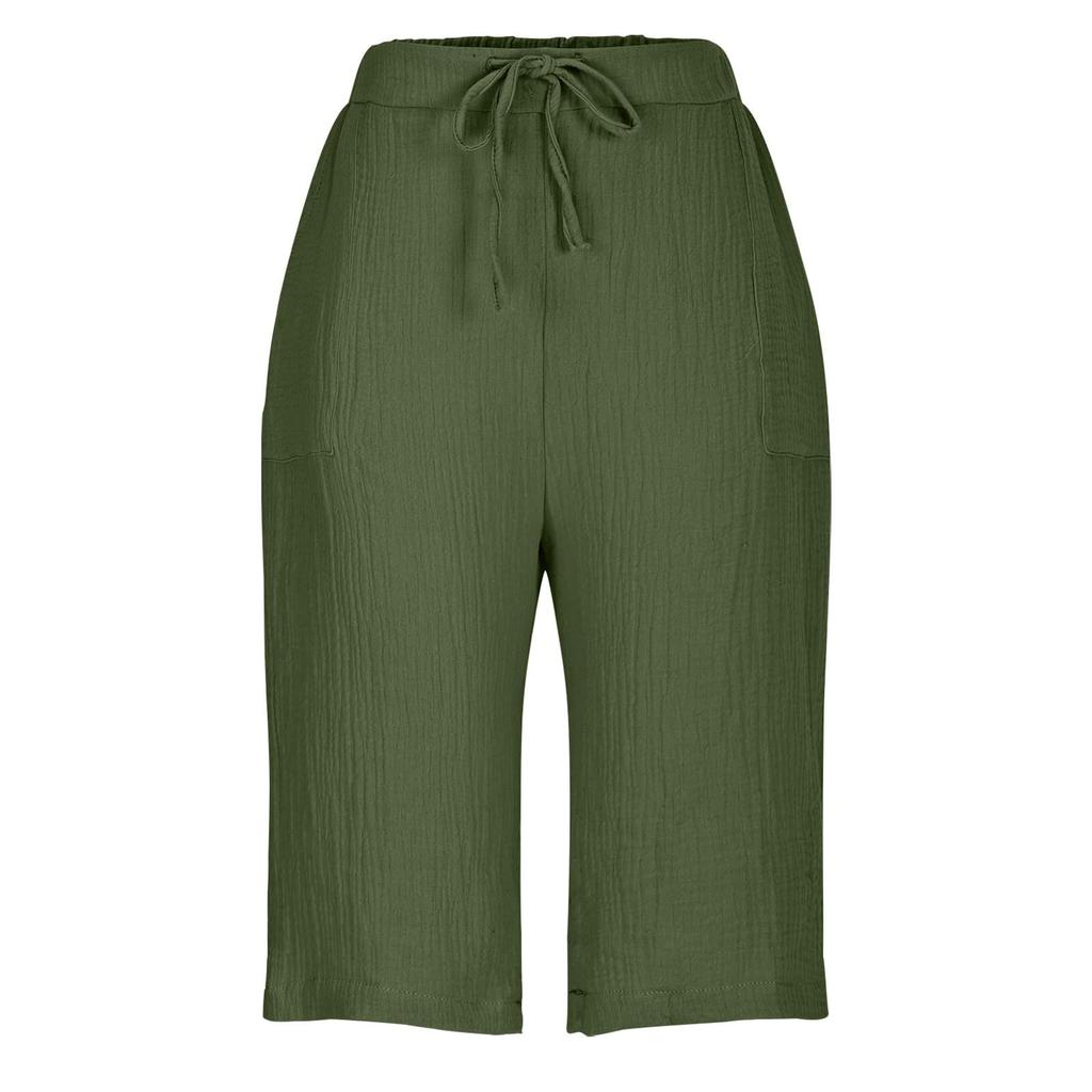 Women's Fashion Cotton-Linen Blend Pocket Elastic Waist Loose-Fit Casual Cropped Pants