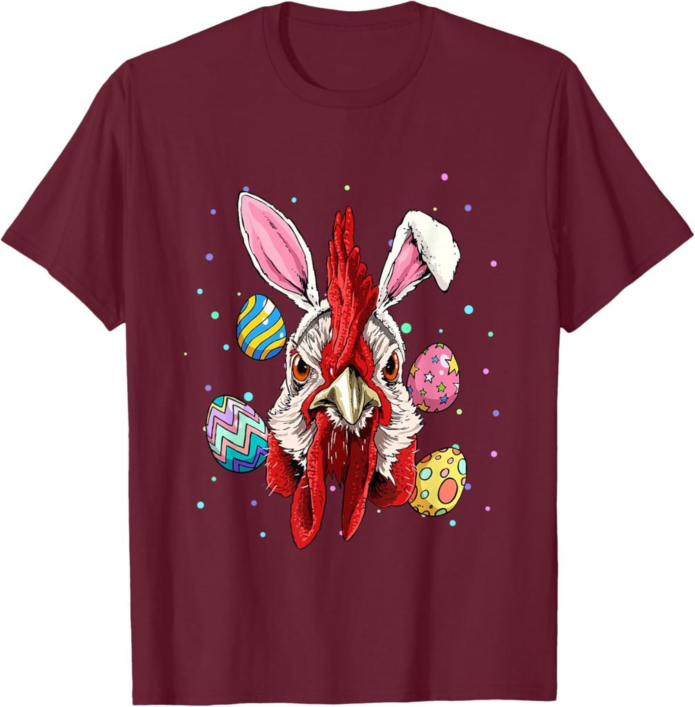 Funny Rooster Bunny Easter Egg Graphic Tee Men's Casual Short Sleeve T-Shirt Trip