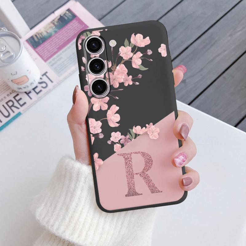 Initial Letter A Z Phone Case For Samsung Galaxy A55 A54 A56 A06 5G Cover Pink Flowers Soft Silicone Back Funda Coque TPU Bumper