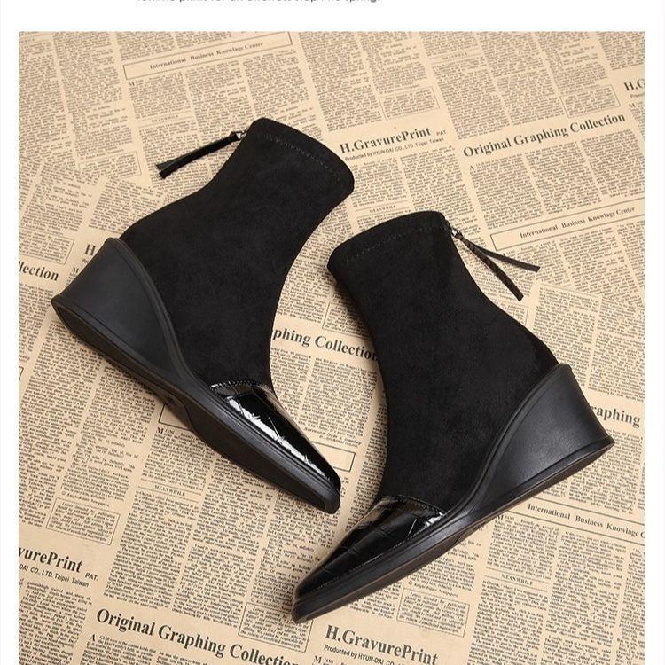 

2025 autumn and winter new thick heel short boots square head velvet leather thin boots spring and autumn short boots women s retro elastic socks boot 40 чёрный
