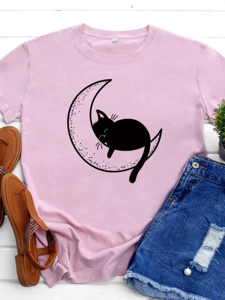 Cat Sleeping on Moon Print T Shirt Women Short Sleeve O Neck Loose Tshirt Summer Women Tee Shirt Tops Camisetas Mujer