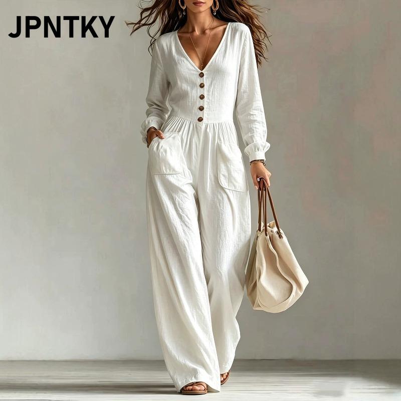 JPNTKY Women's Long Sleeve V-Neck Jumpsuit Fashion Casual Autumn Winter Suspenders trousers Jumpsuits & Rompers