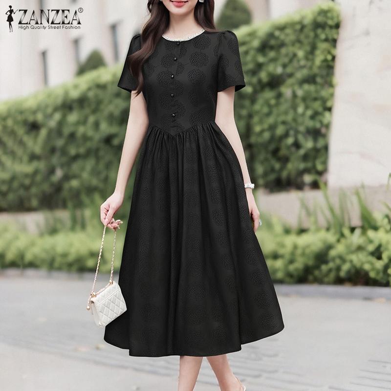 ZANZEA Damen Sommer Spitze Einsatz Rundhals Lässig Kurzarm Druck Kleid