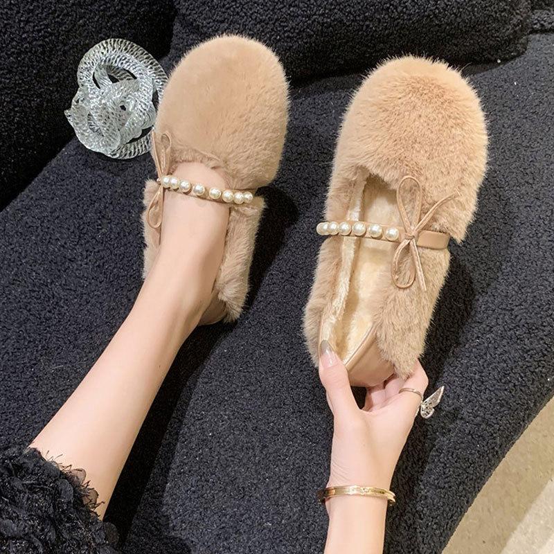 Xiaoxiangfeng Fluffy Shoes Women's Autumn and Winter New Soft Flat-bottomed Velvet Bean Shoes Warm Cotton Shoes