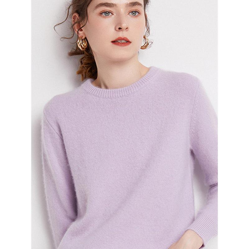 Women's Plus Size 100% Wool Thickened Round Neck Sweater - Winter Solid Color Pullover
