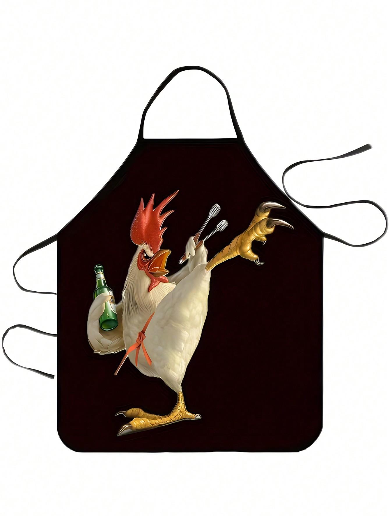 Funny Rooster Apron, Drunk Chicken Beer Bottle Print Kitchen Bib, Novelty Animal Cooking Apron, Gag Gift for Men BBQ 38x47cm