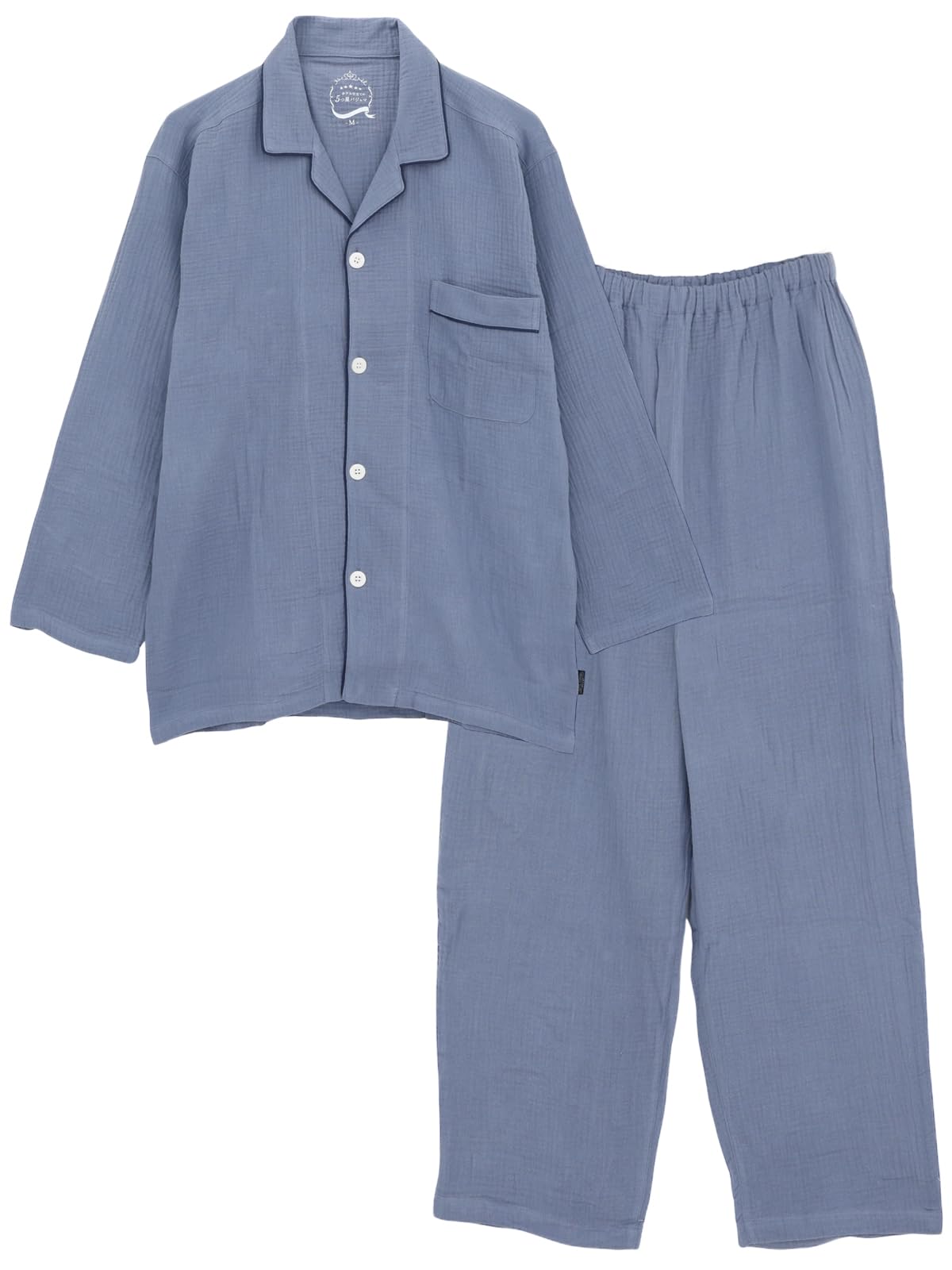 

Pajama Family Мужская гостиничная пижама, Волнистый узор, Рубашка из двухслойной марли, Длинный рукав, Весна/Осень, Размеры S, M, L, LL, 3L (L, Серо-голубой)