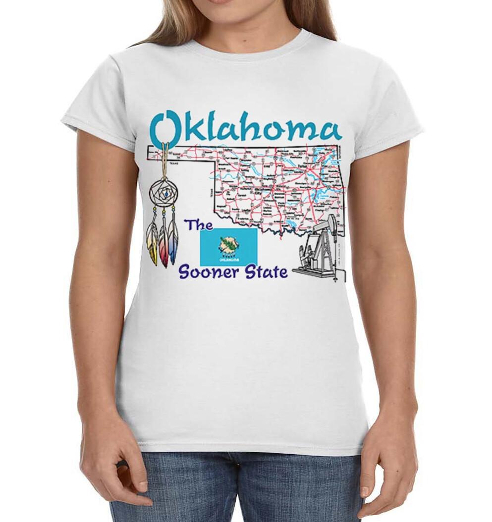 Ladies Graphic Tee Oklahoma State Map Souvenir T-shirt S