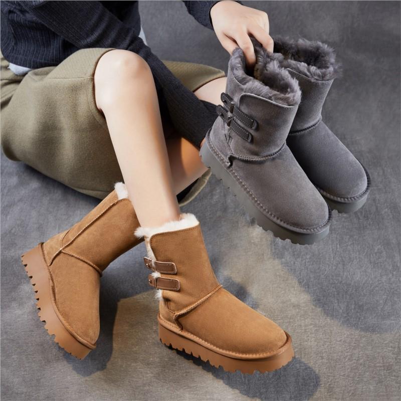 Johnature Wool Thick Soled Snow Boots Versatile Cow Suede Thickened Plush Warm Women's Mid-calf Boots