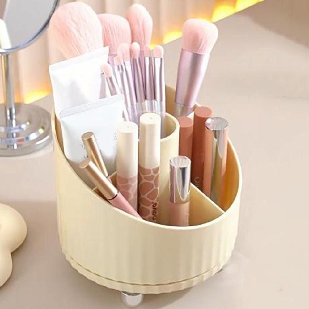 Beige Spinning Makeup Brush Holder Large Capacity Makeup Brush Storage Box for Home