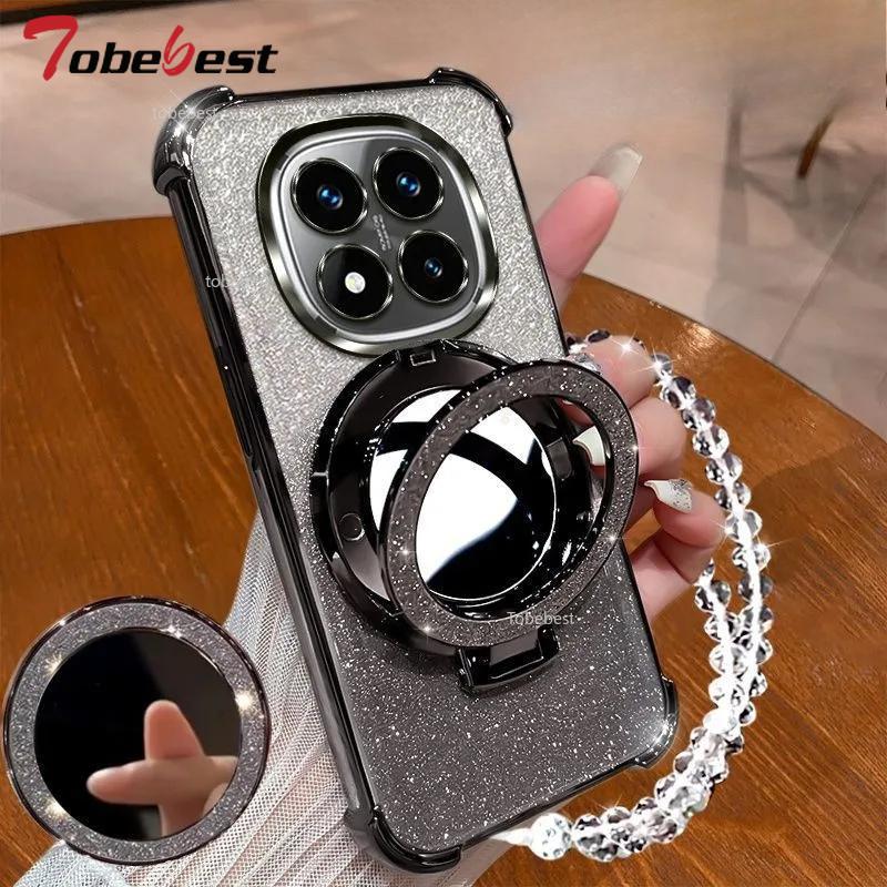 Shockproof Glitter Plating Case For Xiaomi Redmi 14C Note 14 Pro 4G 5G Crystal Bracelet Mirror Magnetic Holder Stand Soft Cover