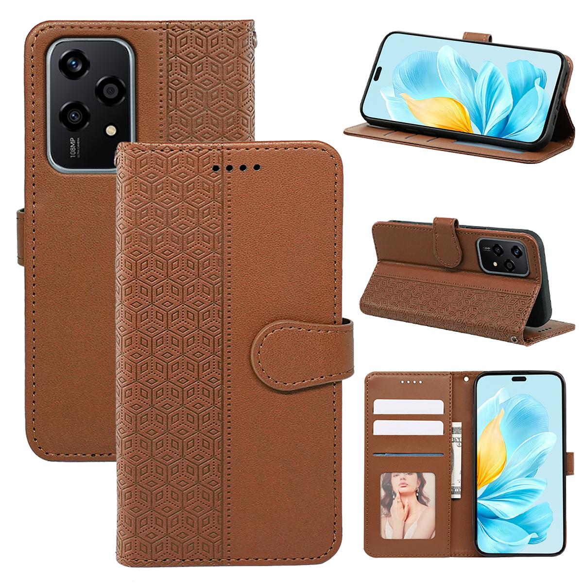 

For Honor 200 Lite Case Cubic Grid Pattern Card Slots Wallet Leather Phone Cover Brown