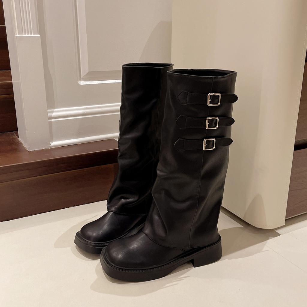 Botas de cavaleiro de sola grossa, bico redondo retrô, novas para primavera e outono de 2025, perna longa, botas de empilhar, botas de perna alta, botas longas