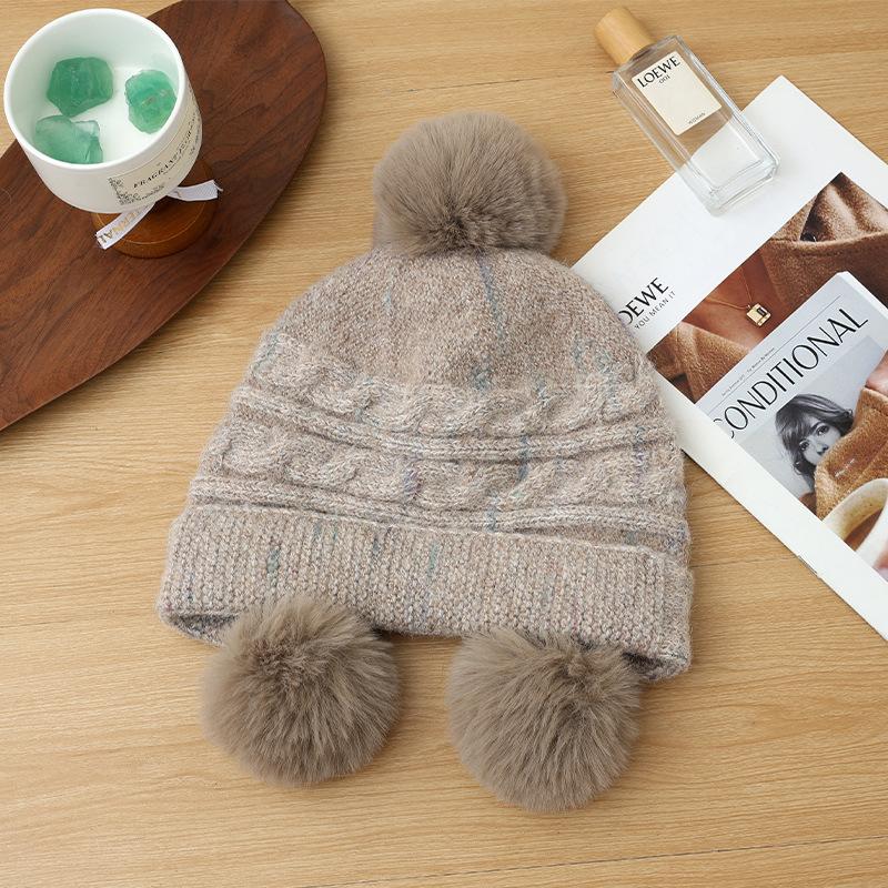 Hat for Women In Autumn and Winter Casual Versatile Tie Dye Wool Hat Outdoor Plus Velvet Thickened Cold Warm Hat Cute Fur Ball Hat
