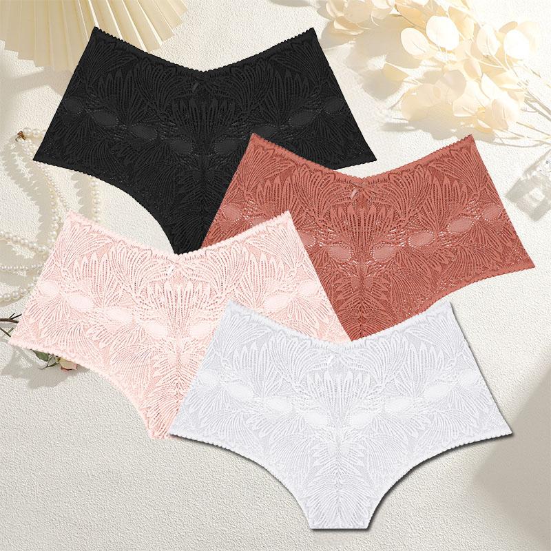 4PCS/Set Lace Panties for Women Floral Hollow Out Cheekie Style Sexy Underwear Female Intimates Lingerie Finetoo Design Panties