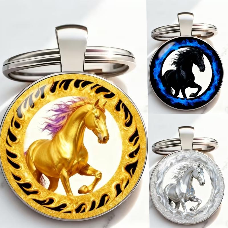 2026 Horse Year Design Dome Glass Alloy Keychain Zodiac Pony Pattern Pendant Backpack Hanging Decor Car Keyring New Year Gift