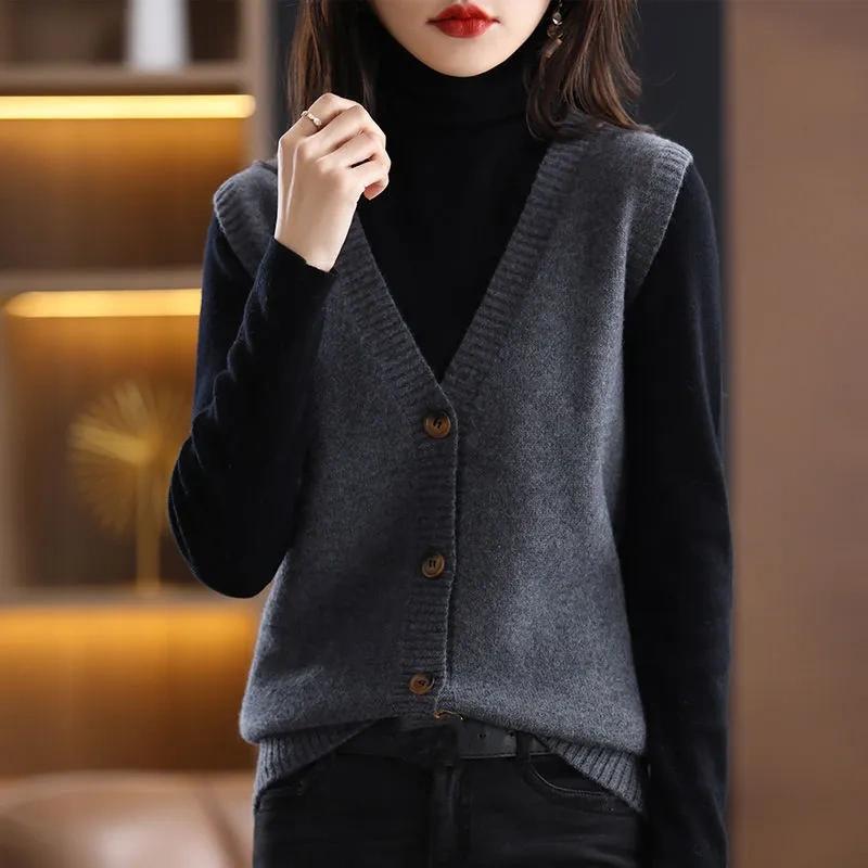 

Женский свободный жилет высокого класса, трикотажный жилет из шерсти с V-образным вырезом, однотонный, без рукавов, модное пальто с пуговицами, трендовый кардиган XS серый