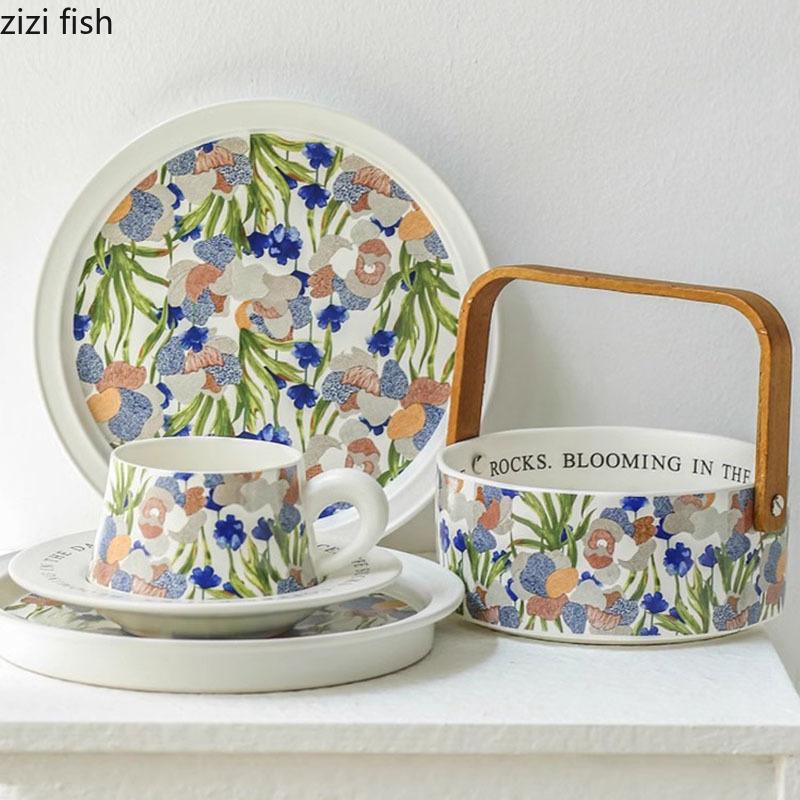 Vintage Floral Pattern Ceramic Dining Plate Steak Plate Dessert Plate Sushi Plates Mug Set Bread Basket Specialty Tableware