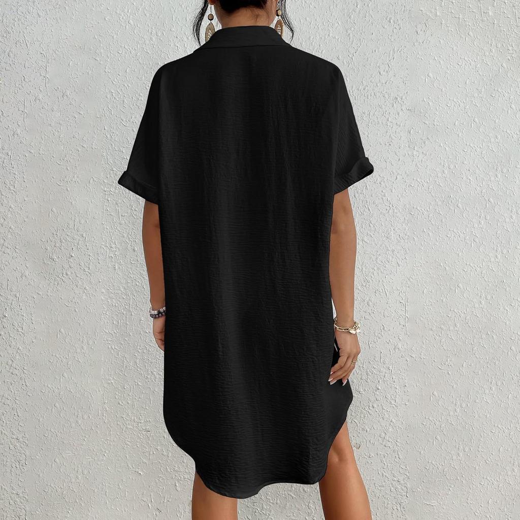 Women's Fashion Color Collar Button Loose Pocket Short Sleeve Long Shirt Top