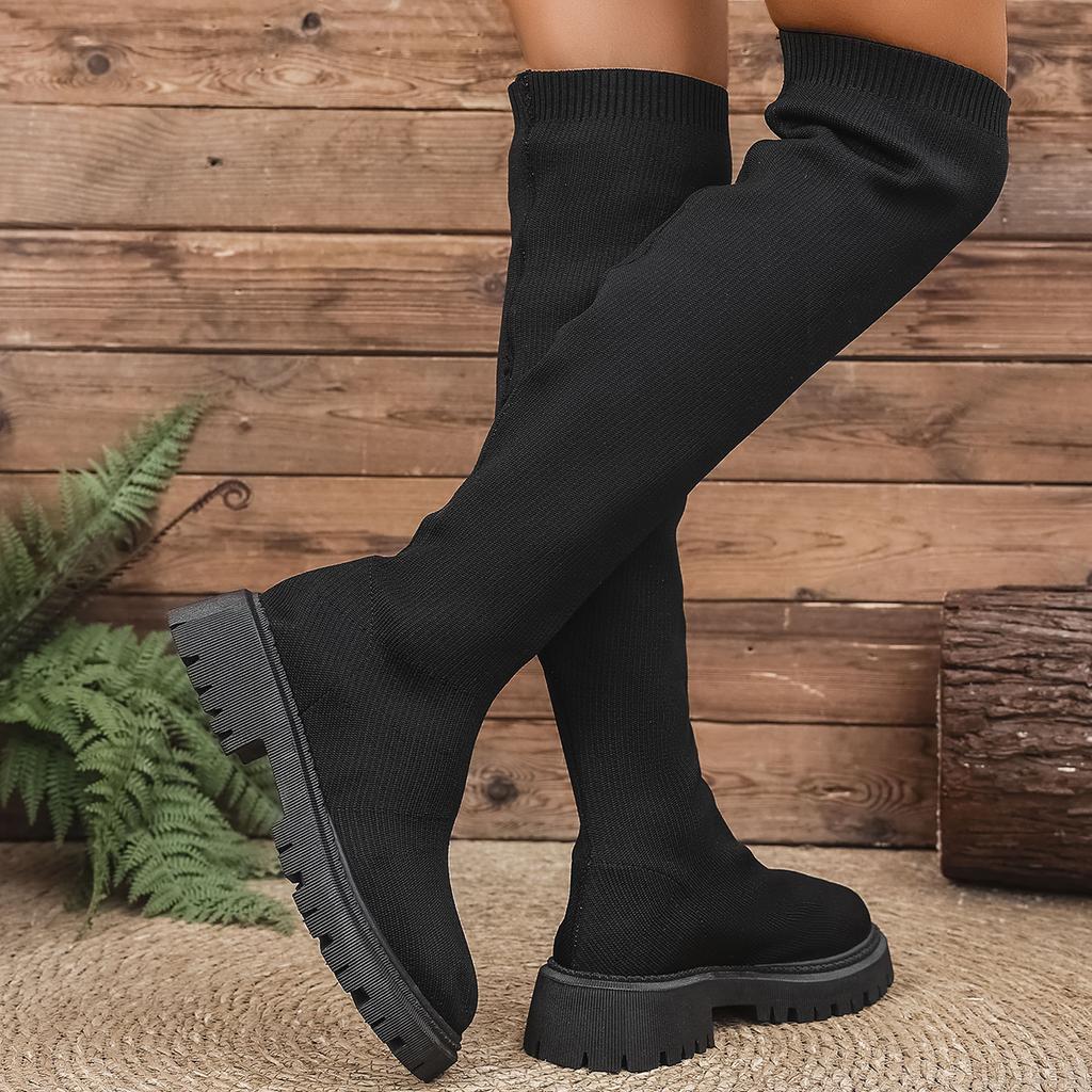 Fashion Stretchy Knit Over The Knee Long Boots for Women 2025 Autumn Fashion Thick Sole Non Slip Thigh High Boots Woman Plus Size 35-43