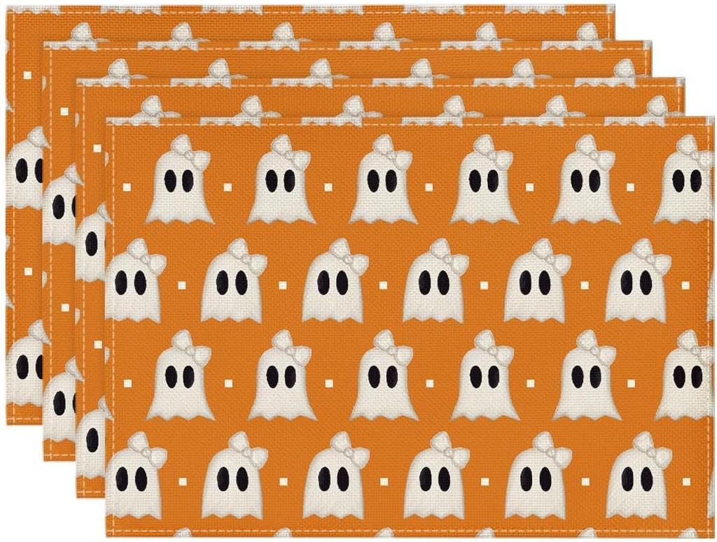 Black Stripes Ghost Boo Spooky Halloween Placemats Set of 4, 12x18 Inch Seasonal Vintage Table Mats for Party Kitchen Dining