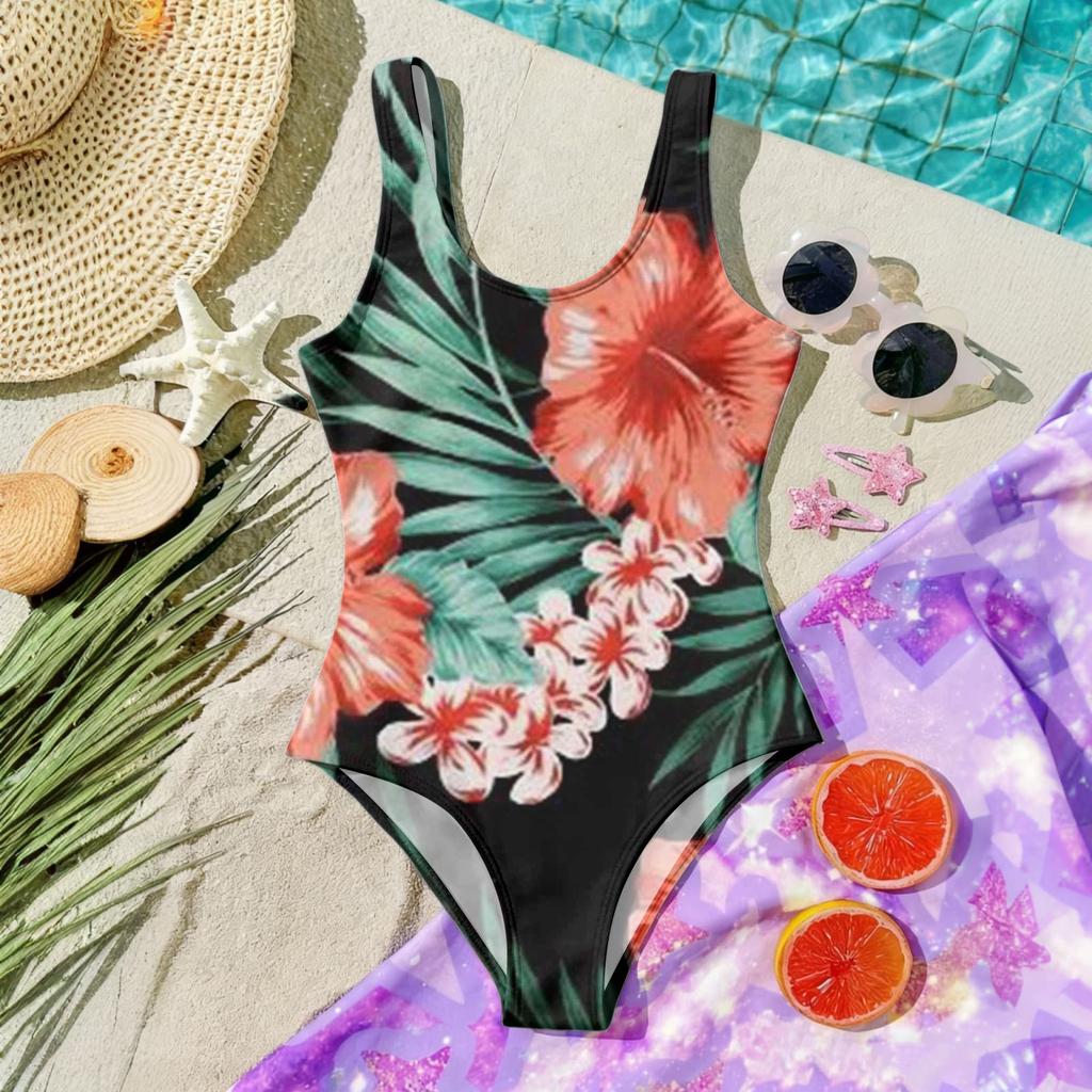 Girls One Piece Swimsuit Hawaiian Floral Print Summer Swimwear Kids Casual Beachwear Pool Outfit for Children