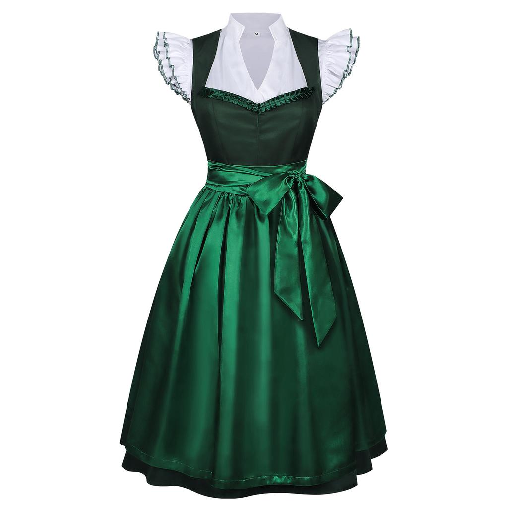 Dames Traditionele Oktoberfest Jurk Vintage Stijl Mouwloze Dirndl Jurk met Gerimpelde Kraag en Tailleband voor Festival