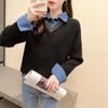 Fake Two-piece Sweater Women's Patchwork Denim Shirt with A Collar Casual Top Loose Long-sleeved Pullover and A Knitted Sweater