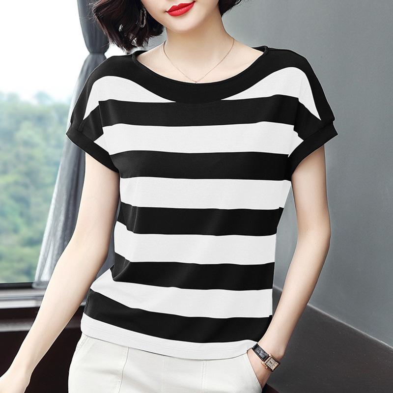 Women Casual Stripe Print Short Sleeve Blouse for Spring/Summer