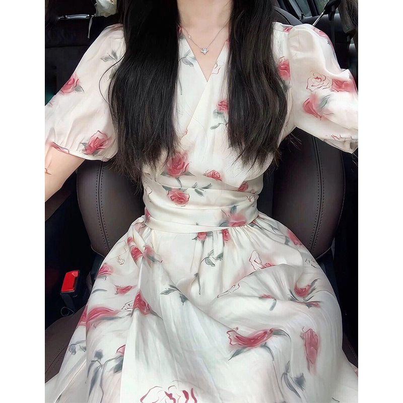 High-End 2026 Summer Floral Rose Puff Sleeve A-Line Dress with Cinched Waist XL