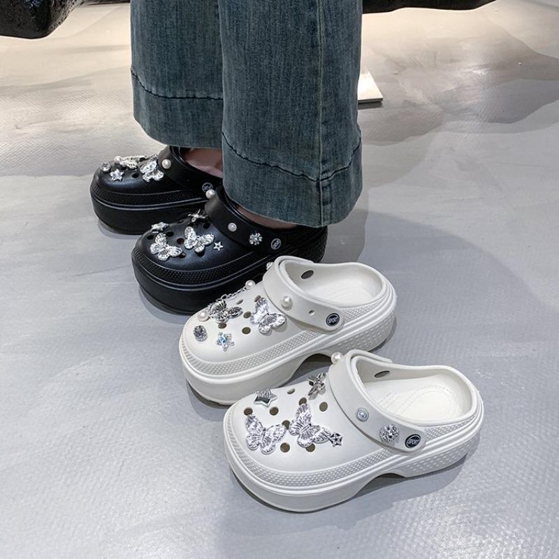 Fashion Bling Pearls Diamond Cute Bear Decor Vented Clogs Slides 7CM Platfrom Outdoor Beach Sandals Summer Girls Slippers Women Shoes