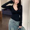 Cotton V-neck front shoulder T-shirt women's spring and autumn new Spice Girl slim and thin sexy long-sleeved bottoming shirt top