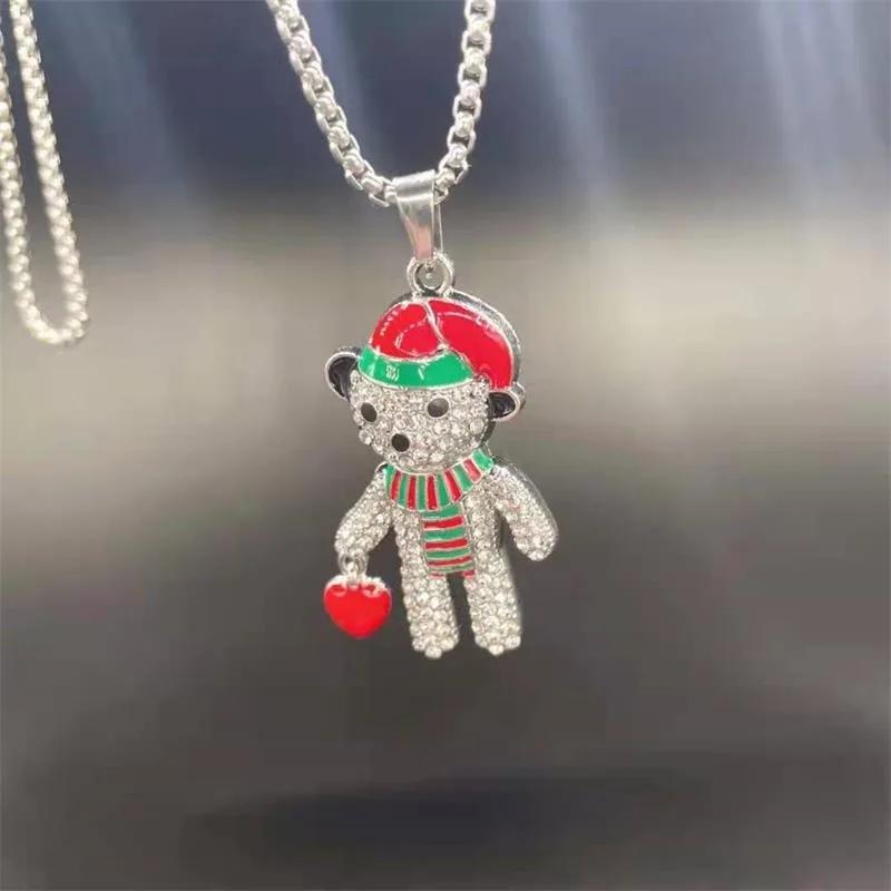 

Christmas Presents Full of Diamond Red Heart Bear Necklace Long Sweater Chain Pendant