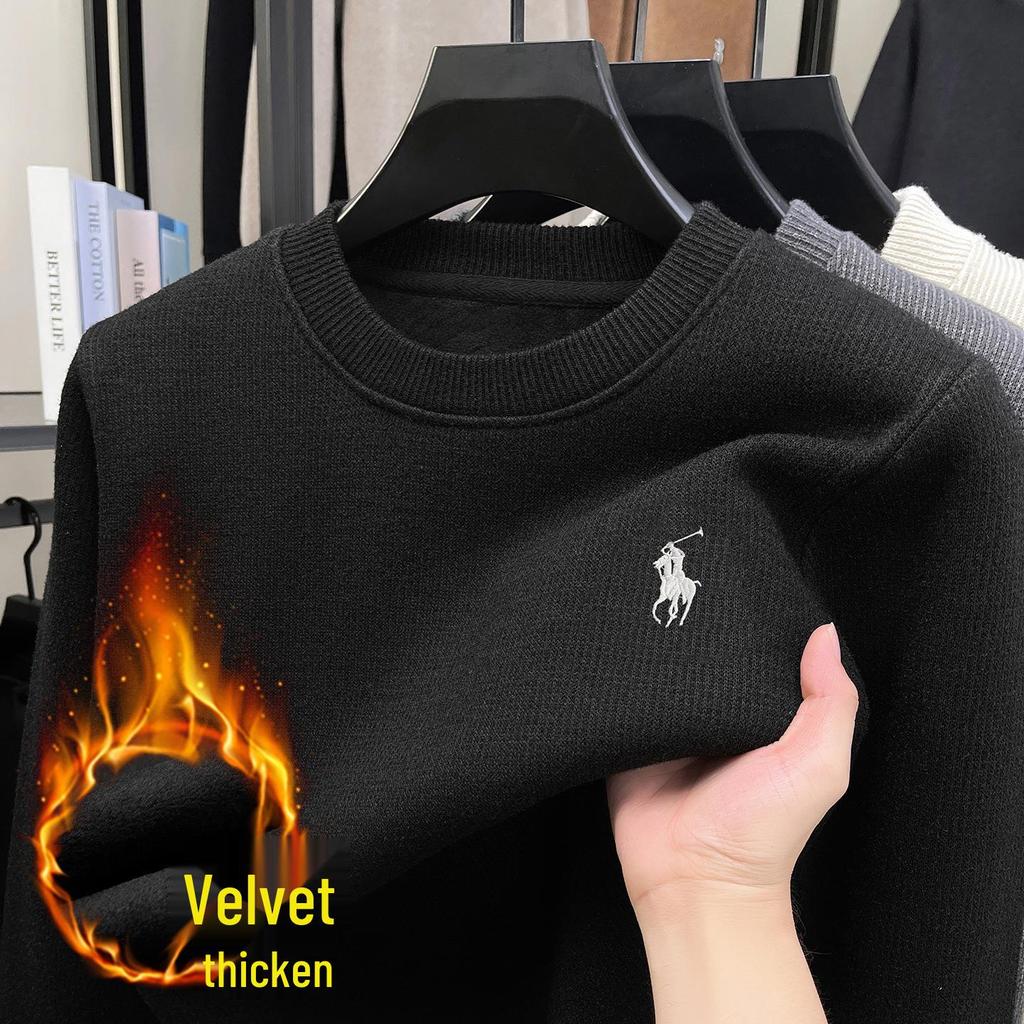 2025 Winter Herren Koreanischer Samt Dicke Kapuzenpullover - Rundhalsausschnitt, Bestickt, Warm, Lässiger Einfarbiger Basislayer