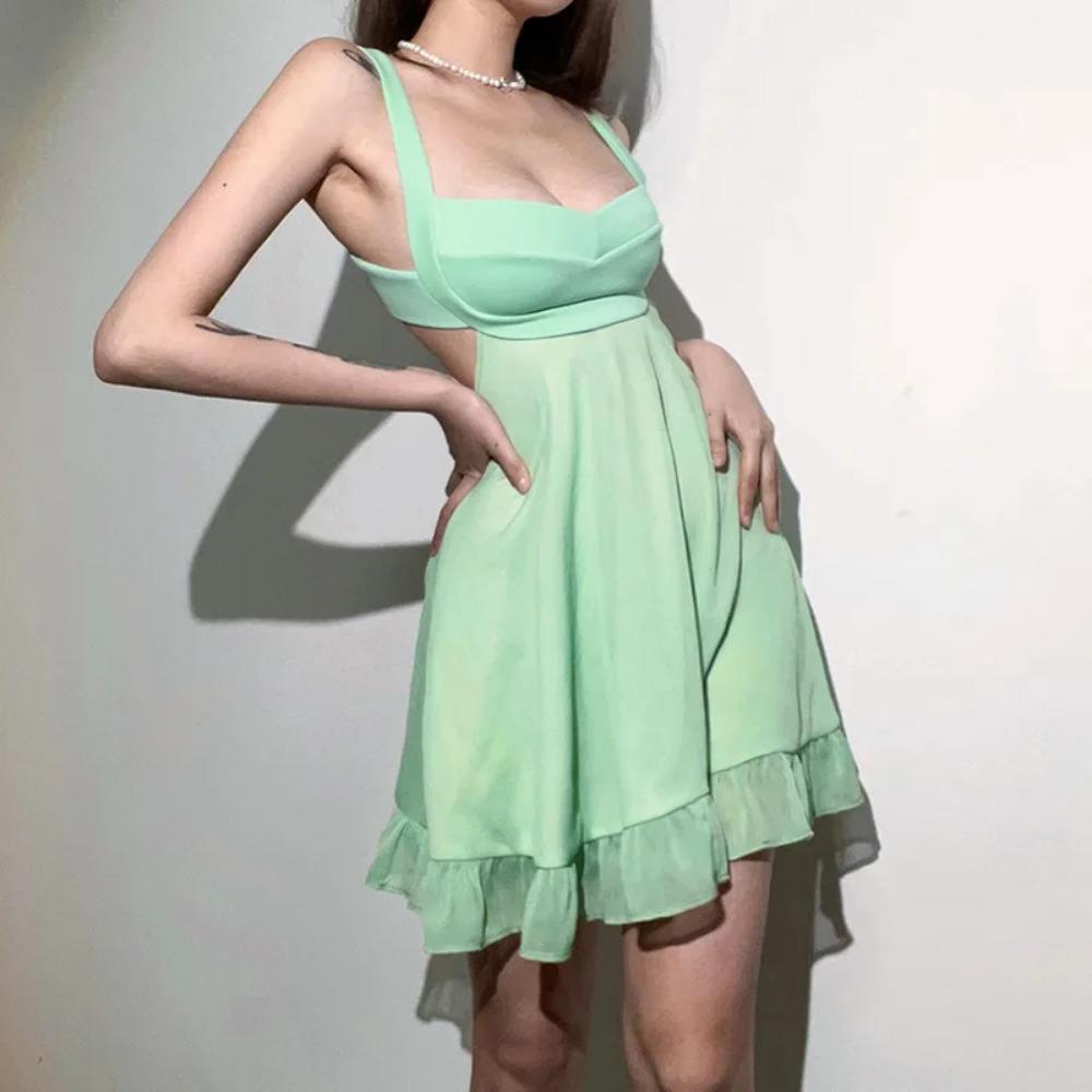 LYRIA Vestidos Elegantes Para Mujer Solid Color Cutout Slim Sling Dress Sexy Backless Ruffle Dress Female