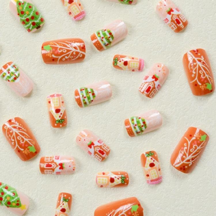 24pcs Christmas Nail Art Set with Chocolate House and Snowflake Patterns Press On Nail Stick On Nail for Festive Looks