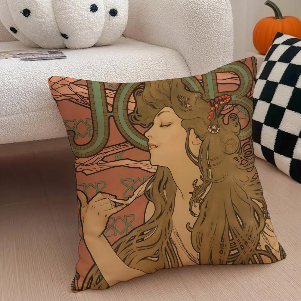 A-Alphonse Maria M-Mucha Cushion Cover Linen Pillow Case Soft Breathable Protective Couch Room Decoration
