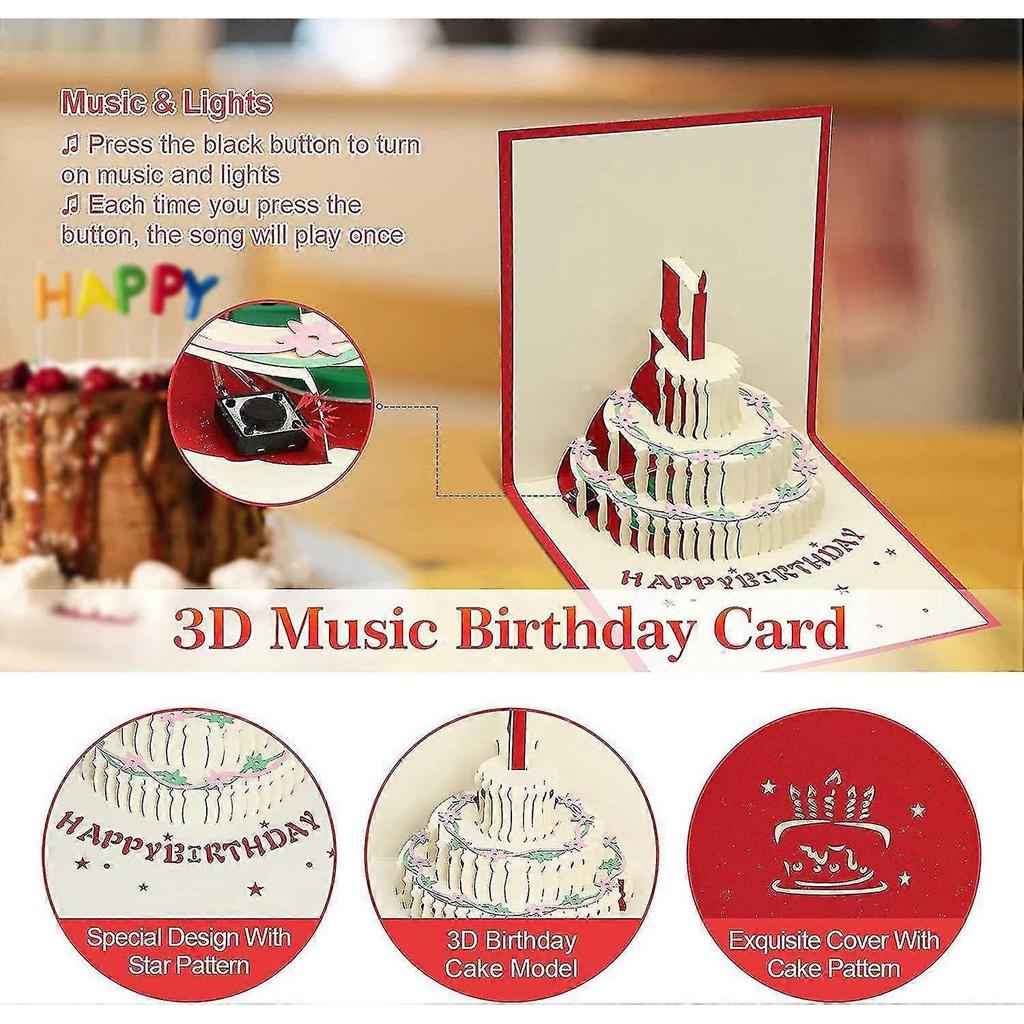 Musical Birthday Greeting Card Birthday Invitation Gift Card Girl Man Boy Woman 3d Pop Up With Envelope, Red