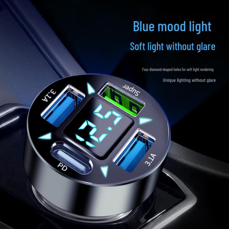 66W 4-Port Digital Display Car Charger with PD+QC3.0