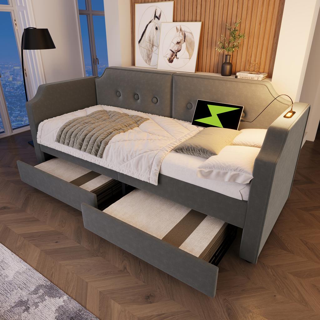 Divano Letto 90x200 cm con Luce di Lettura USB Type-C, Day Bed con 2 Cassetti Contenitori, Struttura Letto con Rete a Doghe in Legno, Velluto, Grigio (Senza materasso)
