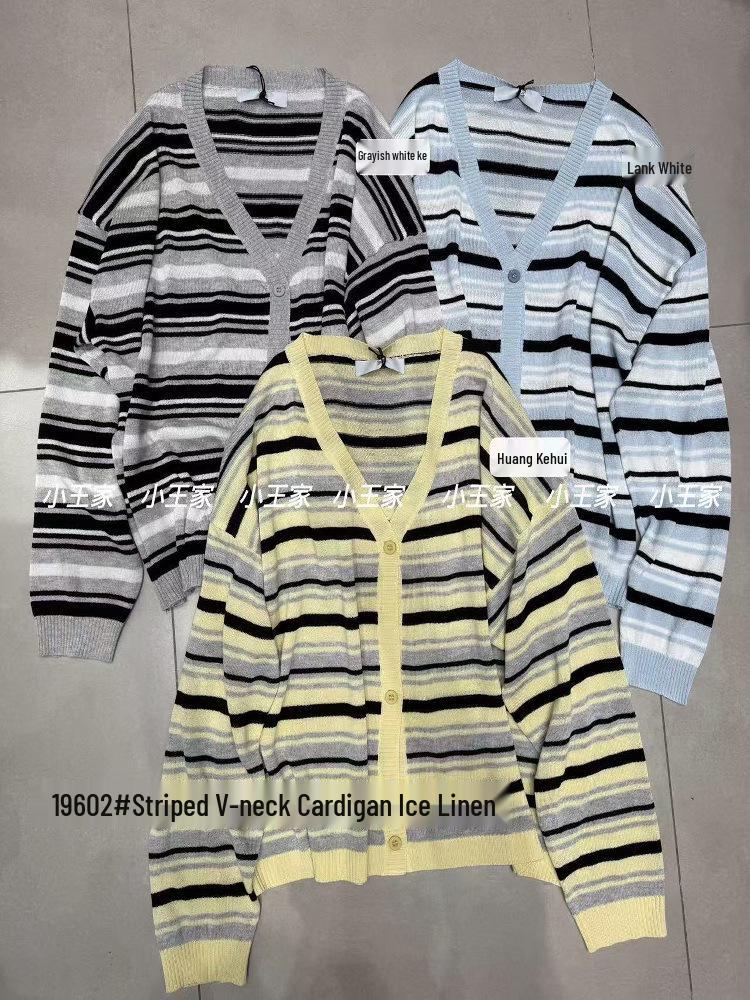 

Xiao Wang s Summer Loose Knit Striped V-neck Sunscreen Cardigan for Plus Sizes Yellow-Black-Gray