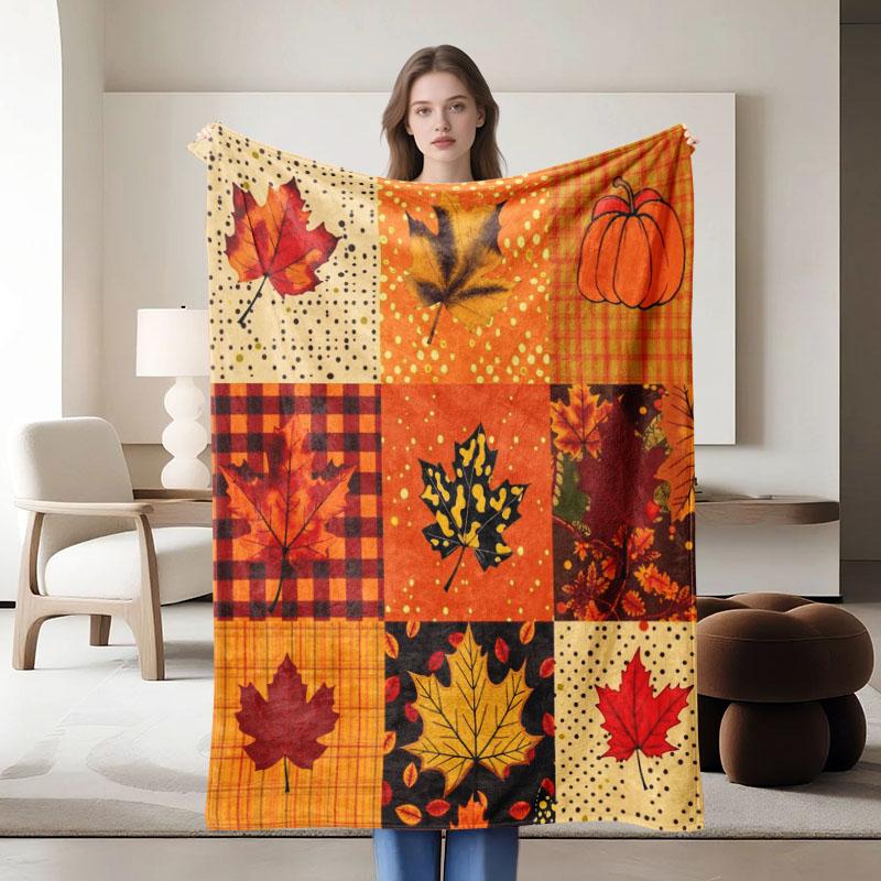1 piece autumn-themed patchwork flannel blanket, perfect for sofa, bed, office; ideal gift for family, friends, and holidays.