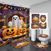 4Pcs Halloween Ghost Pumpkin Shower Curtain Set with Non-Slip Bath Mat, Toilet Lid Cover, Contour Rug & 12 Hooks, Bathroom Decor