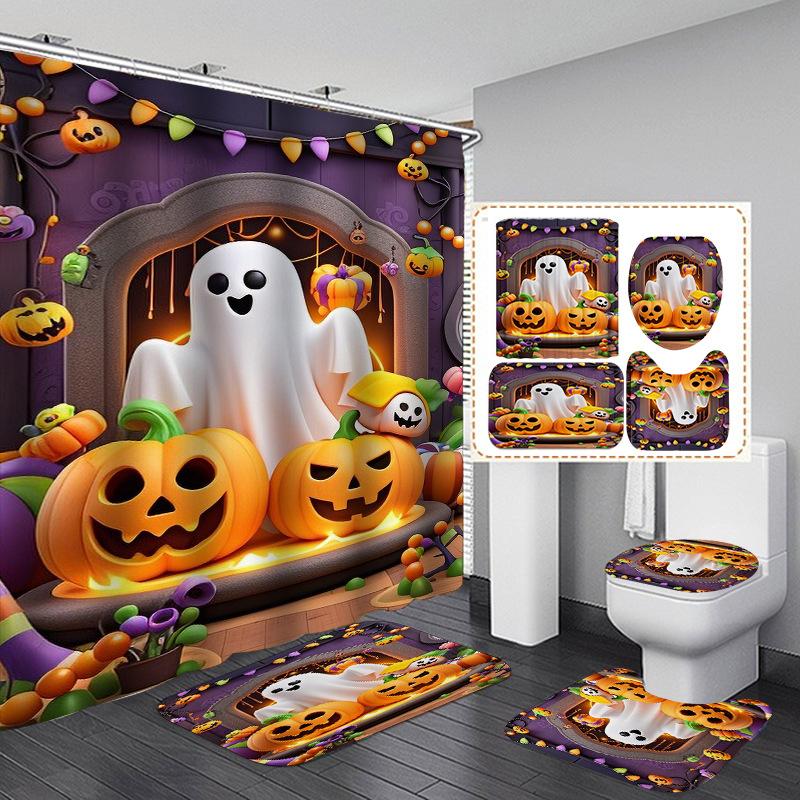 4Pcs Halloween Ghost Pumpkin Shower Curtain Set with Non-Slip Bath Mat, Toilet Lid Cover, Contour Rug & 12 Hooks, Bathroom Decor
