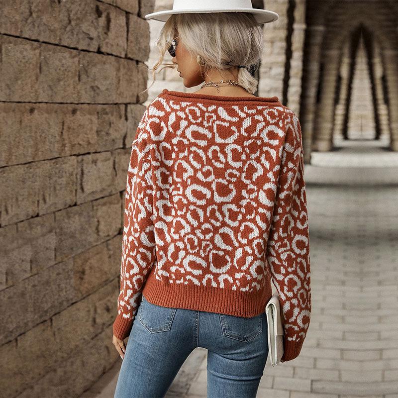 Vintage Fashion Elegant Casual Fall Women's Long Sleeve Leopard Print Sweater Slouchy Style