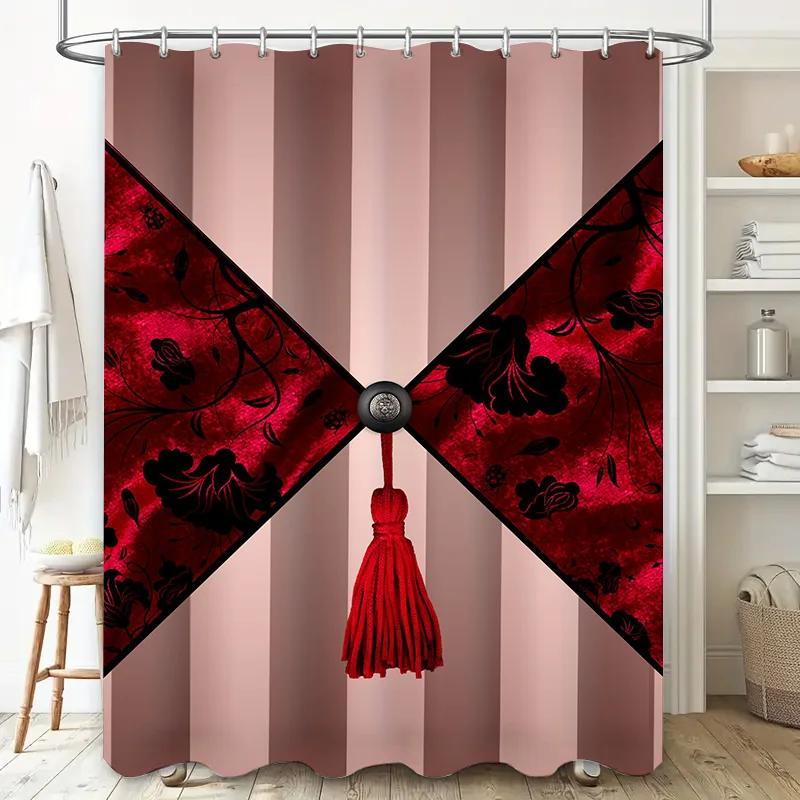 

Luxury Red Black Printed Shower Curtain With Tassel Decor Bath Room Decoration Waterproof Liner For Home W60H190(CM)-1 Pcs