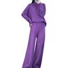 Women's Purple High Neck Wool Sweater & Wide-Leg Pants Set - Autumn/Winter Fashion
