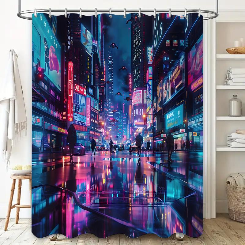 Cyberpunk Future City Night View Shower Curtain Cyber Style Decor Waterproof Mildewproof for Bathroom Home Decor Essential