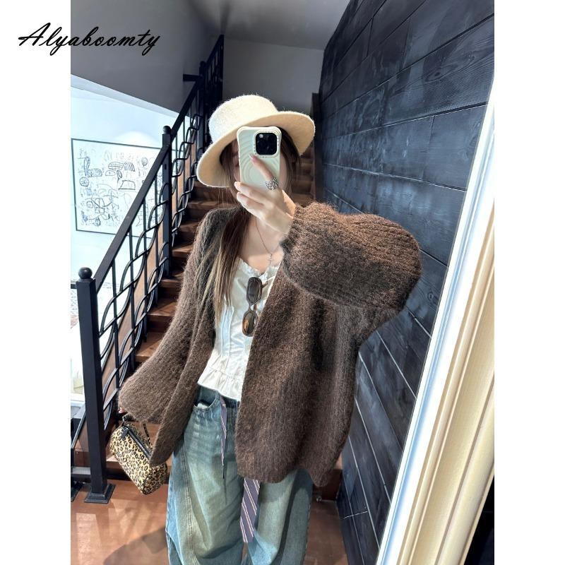 Korean Fashion Autumn Winter Women Thick Sweater Green Beige Brown Grey Knitted Cardigan Lantern Sleeve Casual Loose Oversized Knitting Outerwear